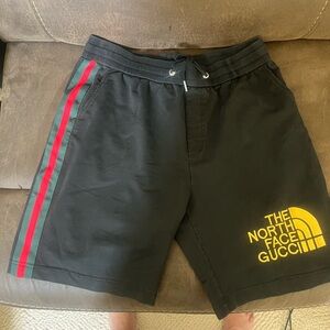 Gucci Black Athletic Shorts with Red & Green Side Stripes and Yellow Logo